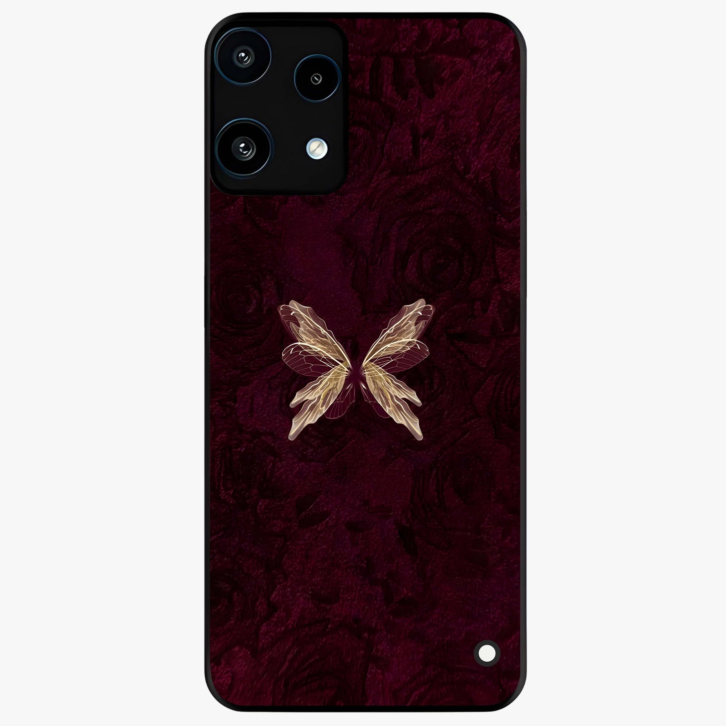 Crimson Fade Butterfly Glass Case showing flat back view with fading butterfly artwork and glossy glass finish.