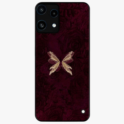 Crimson Fade Butterfly Glass Case showing flat back view with fading butterfly artwork and glossy glass finish.