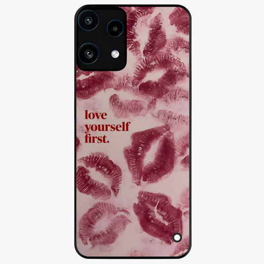 Crimson Kiss Love Glass Case showing flat back view with romantic crimson themed artwork and glossy glass finish.