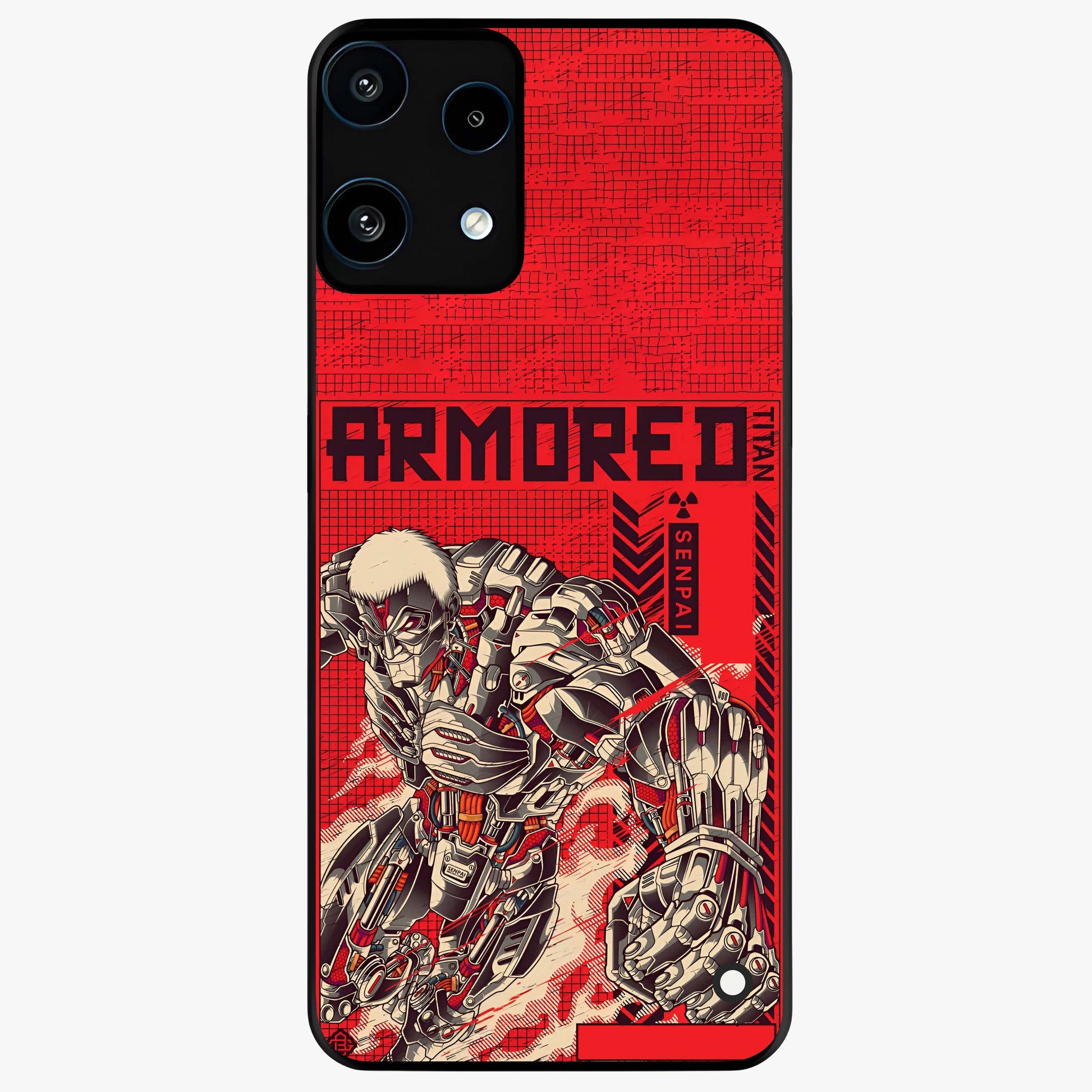 Crimson Mecha Titan Glass Case showing flat back view with powerful mech titan artwork and glossy glass finish.