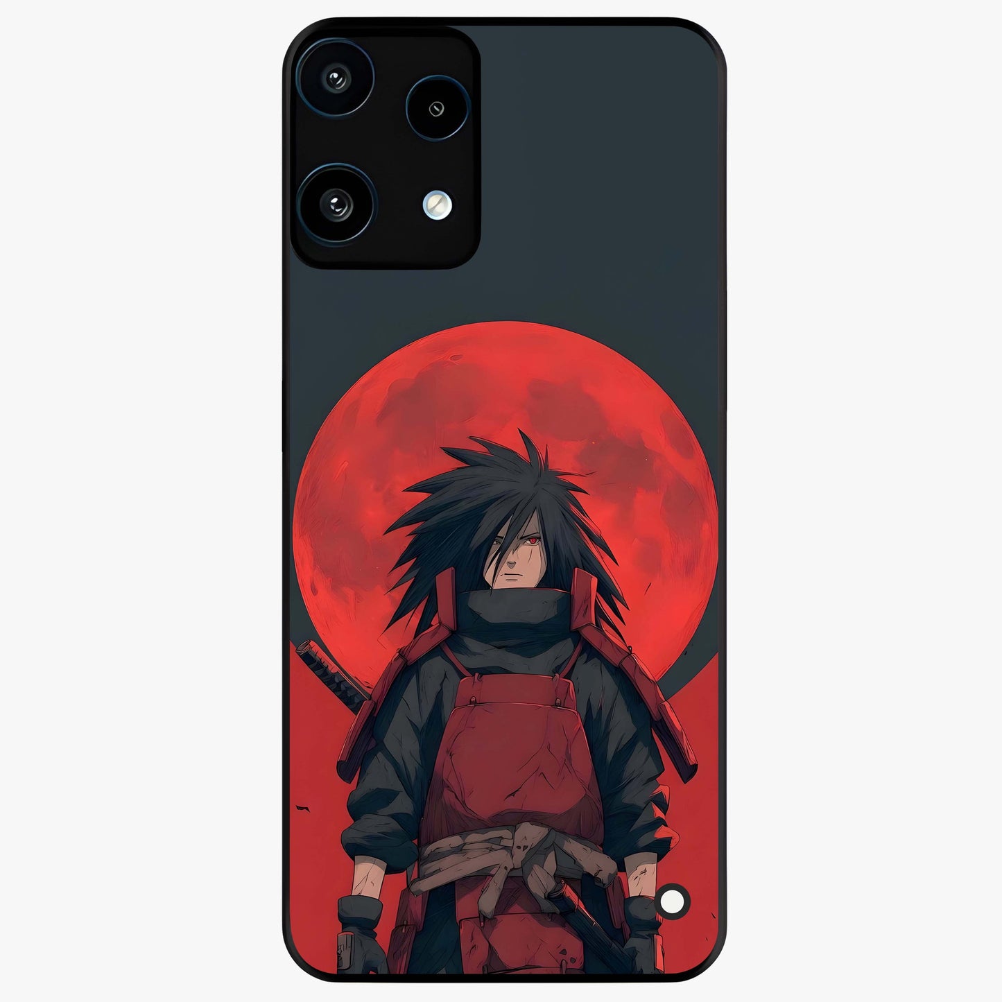 Crimson Moon Warlord Glass Case showing flat back view with mystical moon warrior artwork and glossy glass finish.