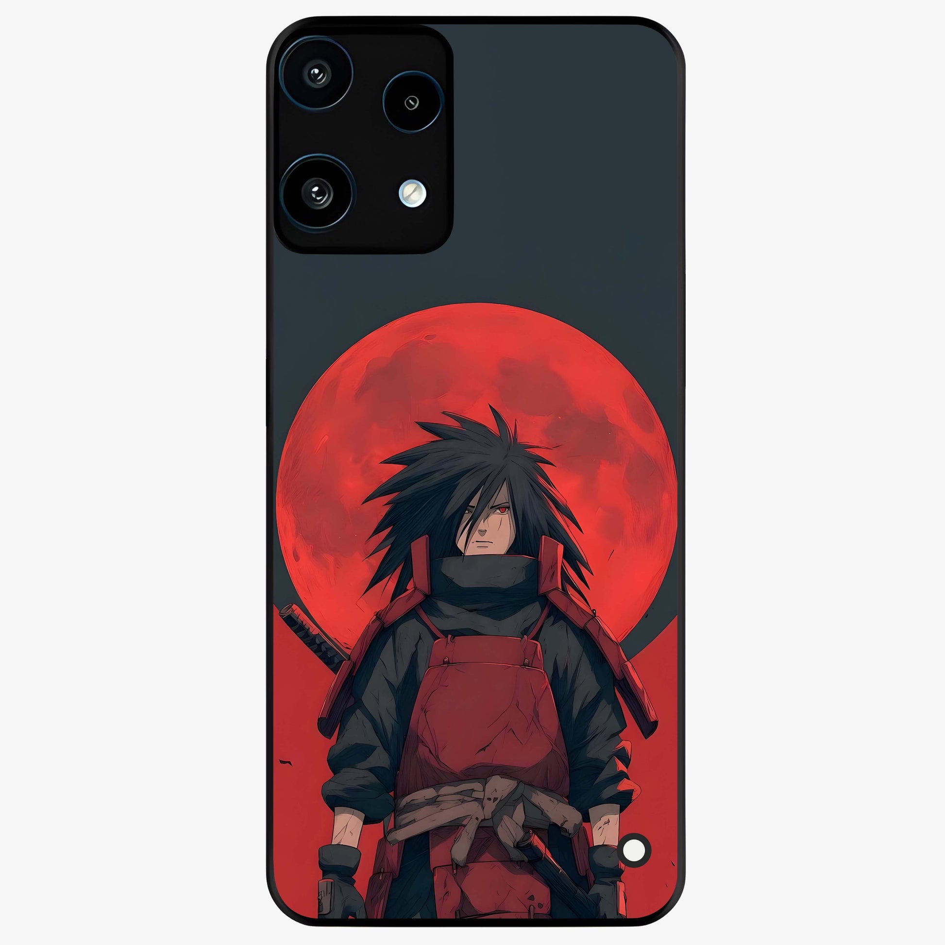 Crimson Moon Warlord Glass Case showing flat back view with mystical moon warrior artwork and glossy glass finish.