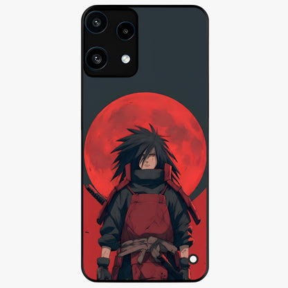 Crimson Moon Warlord Glass Case showing flat back view with mystical moon warrior artwork and glossy glass finish.