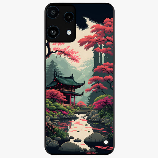 Crimson Temple View Glass Case showing flat back view with temple inspired artwork and glossy glass finish.
