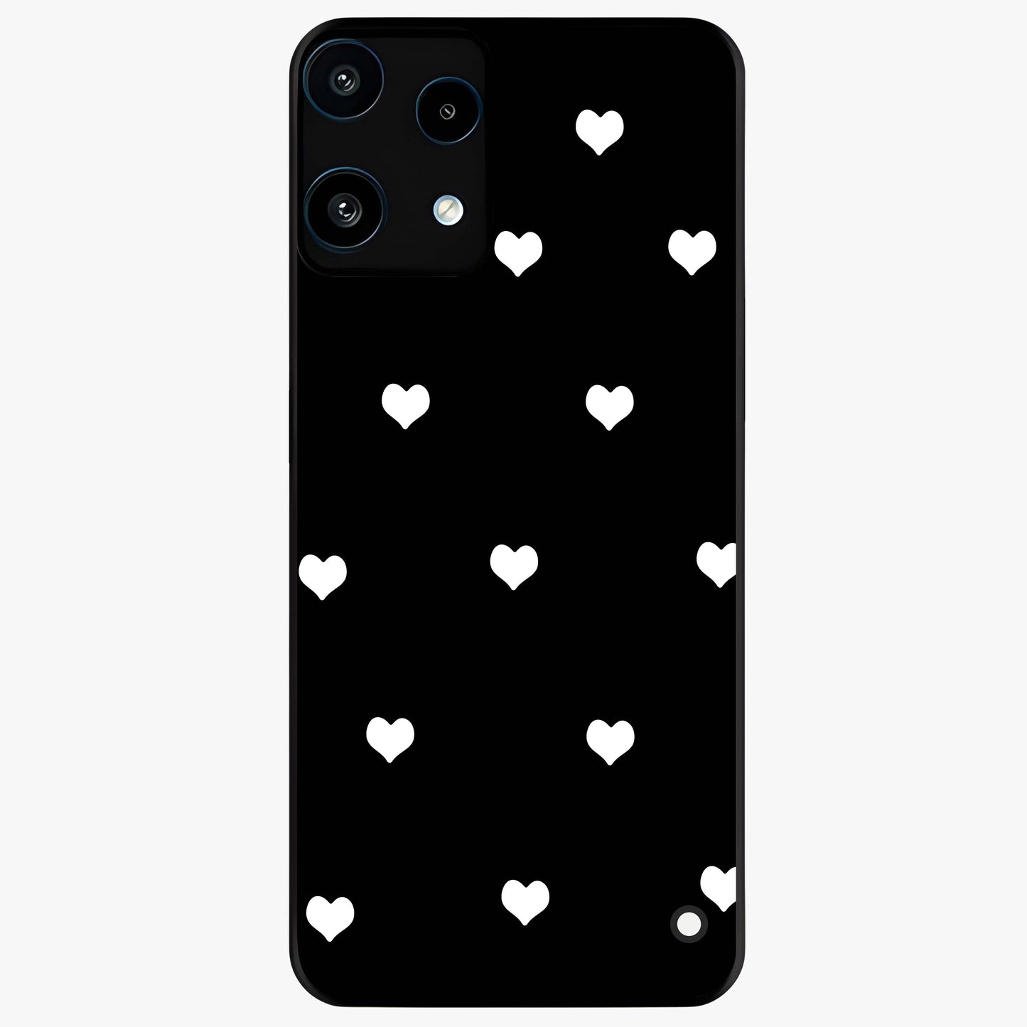 Cute And Simple White Hearts Glass Case showing flat back view with minimal white heart pattern and glossy glass finish.