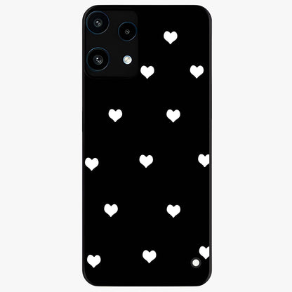 Cute And Simple White Hearts Glass Case showing flat back view with minimal white heart pattern and glossy glass finish.