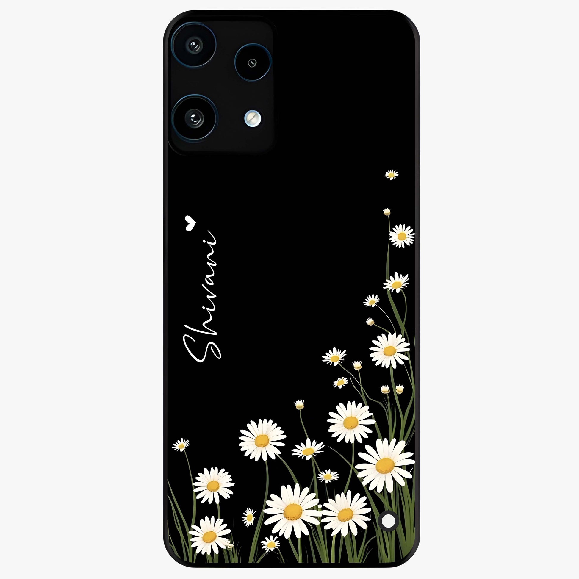 Daisy Cascade Custom Name Glass Case showing flat back view with cascading daisy flowers and personalized name design.