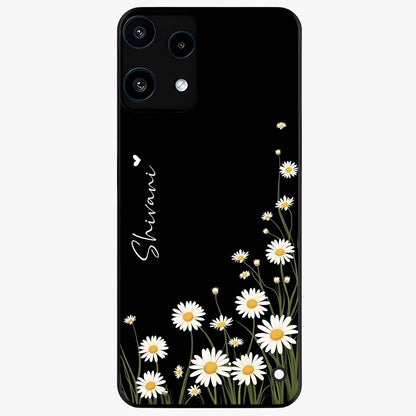 Daisy Cascade Custom Name Glass Case showing flat back view with cascading daisy flowers and personalized name design.