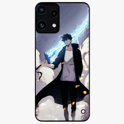 Dark Lightning Anime Warrior Glass Case showing flat back view with intense anime warrior artwork and glossy glass finish.