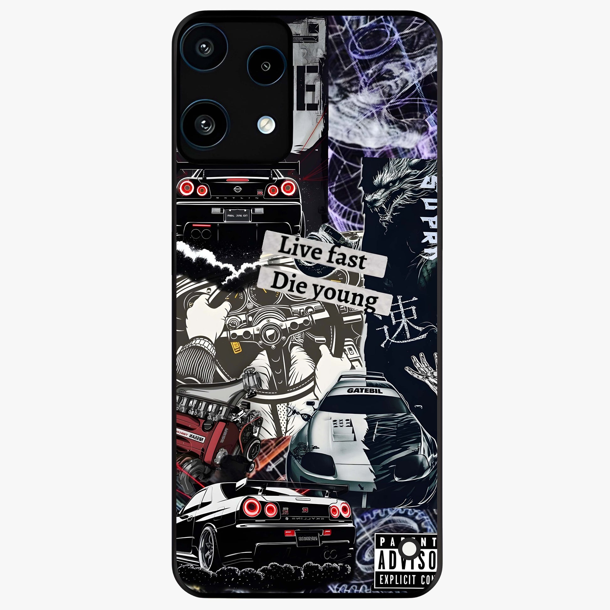 Die Young Glass Case showing flat back view with bold artistic typography design and glossy glass finish.