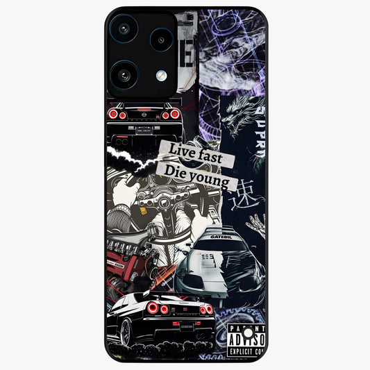 Die Young Glass Case showing flat back view with bold artistic typography design and glossy glass finish.