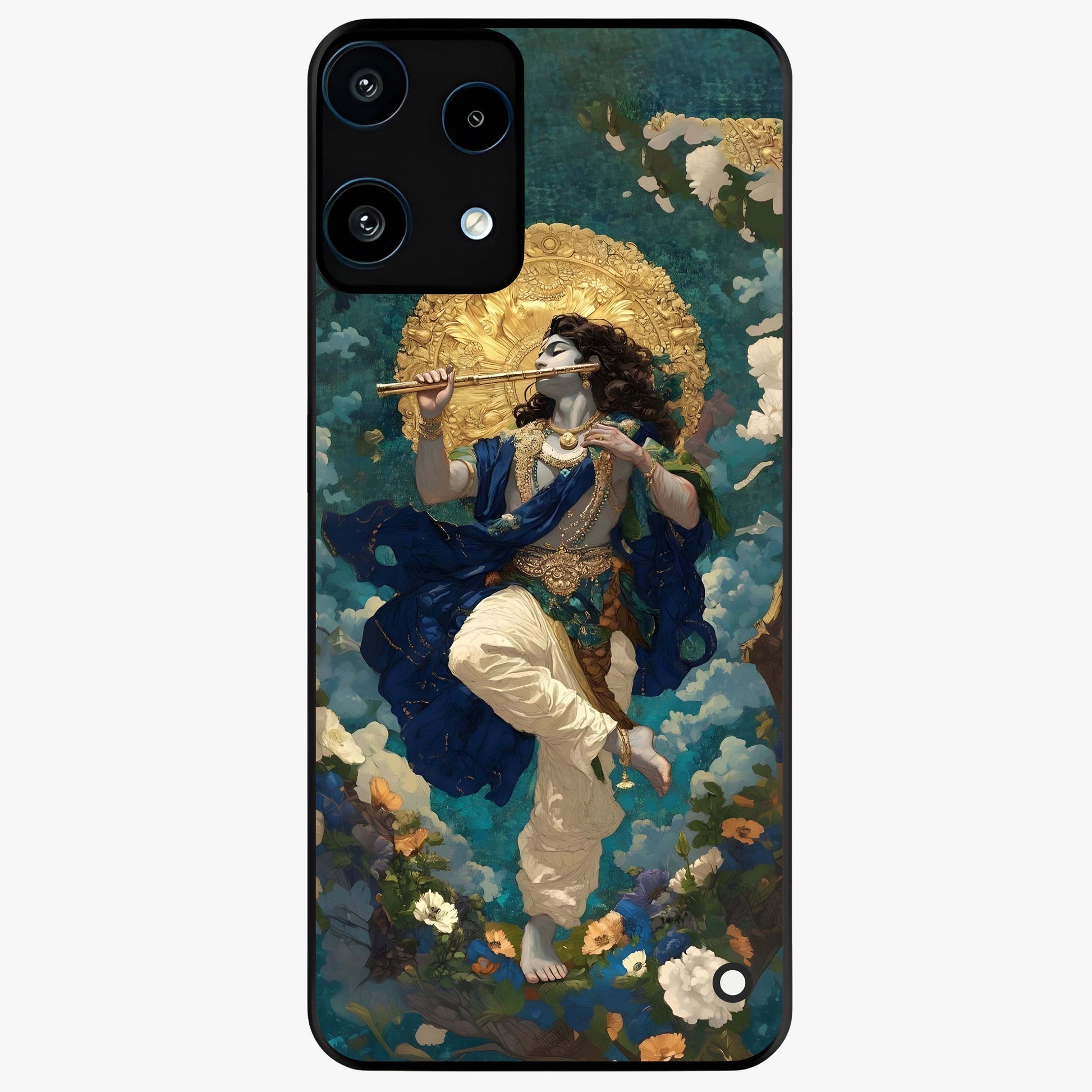 Divine Krishna Art Glass Case showing flat back view with Lord Krishna artwork and glossy glass finish.