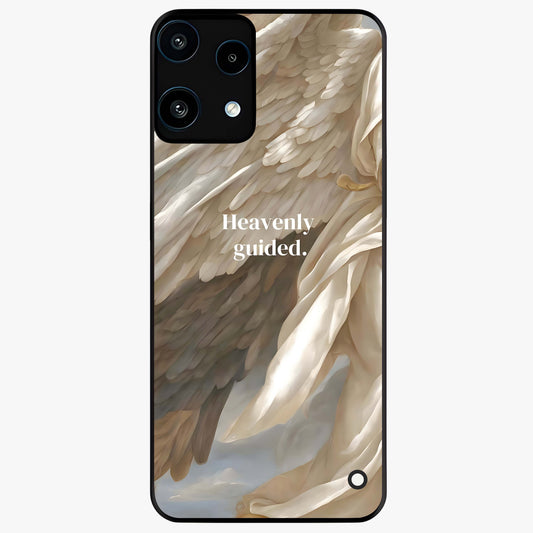 Divine Winged Grace Glass Case showing flat back view with elegant wing inspired artwork and glossy glass finish.