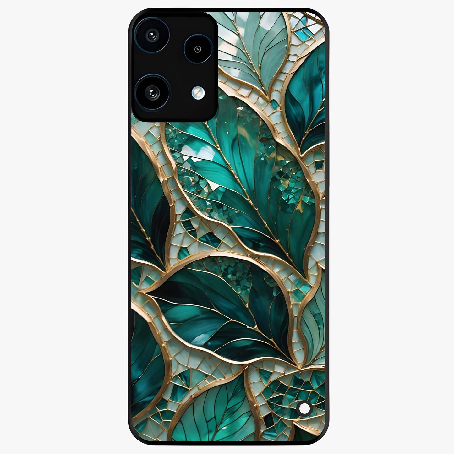 Emerald Leaf Glass Glass Case showing flat back view with emerald green leaf artwork and glossy glass finish.