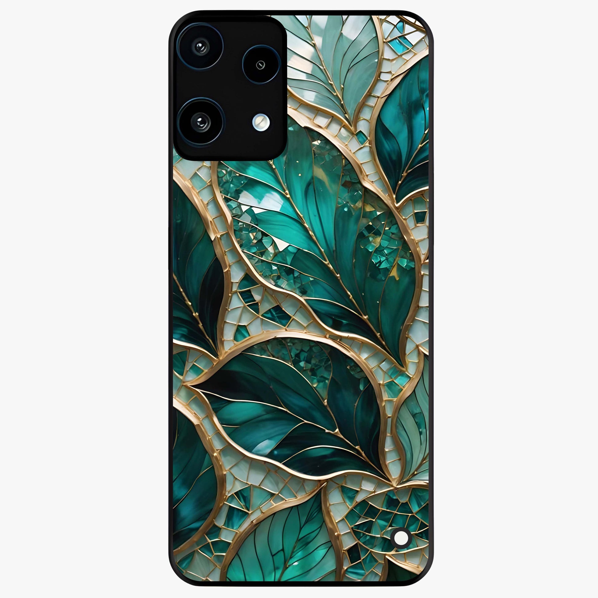 Emerald Leaf Glass Glass Case showing flat back view with emerald green leaf artwork and glossy glass finish.