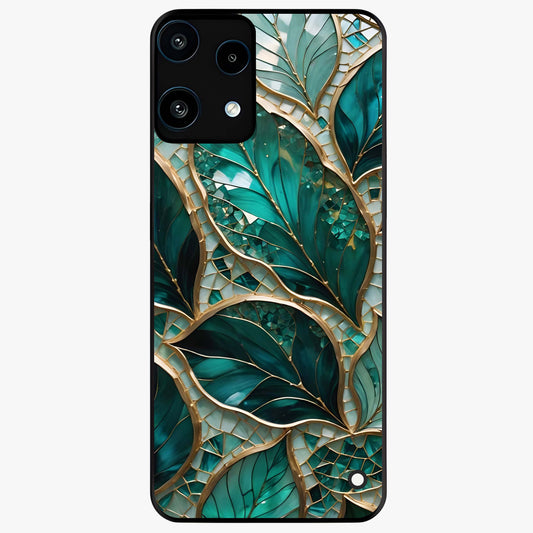 Emerald Leaf Glass Glass Case showing flat back view with emerald green leaf artwork and glossy glass finish.
