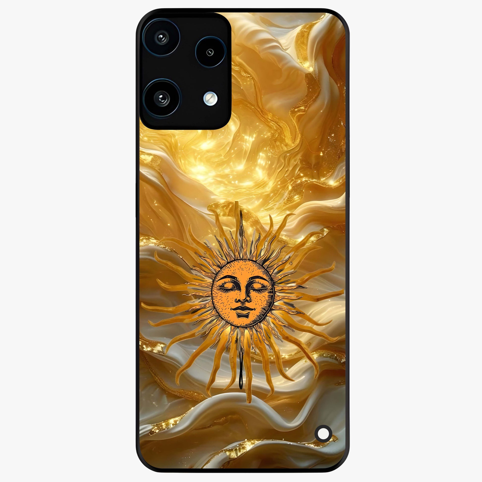 Eternal Golden Glow Glass Case showing flat back view with radiant golden themed artwork and glossy glass finish.