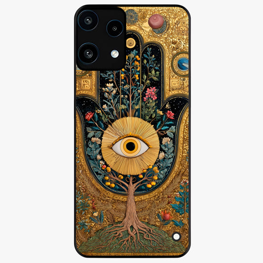 Ethereal Evil Eye Glass Case showing flat back view with mystical evil eye artwork and glossy glass finish.