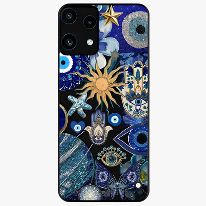 Evil Eye Charm Mix Glass Case showing flat back view with multiple evil eye charms artwork and glossy glass finish.
