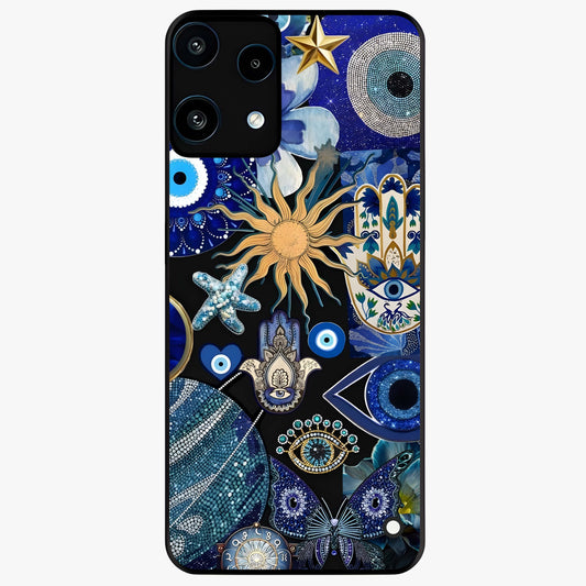 Evil Eye Charm Mix Glass Case showing flat back view with multiple evil eye charms artwork and glossy glass finish.