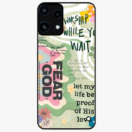 Faith Over Fear Glass Case showing flat back view with motivational typography artwork and glossy glass finish.