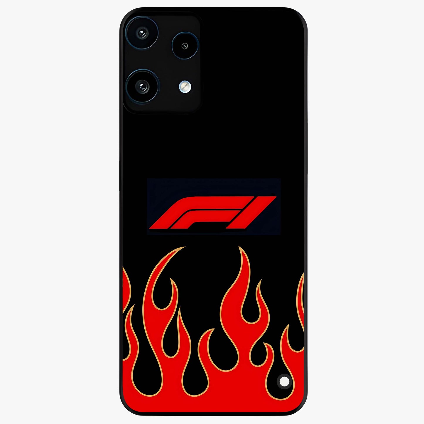 Fire F11 Glass Case showing flat back view with fiery themed artwork and glossy glass finish.