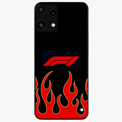 Fire F11 Glass Case showing flat back view with fiery themed artwork and glossy glass finish.