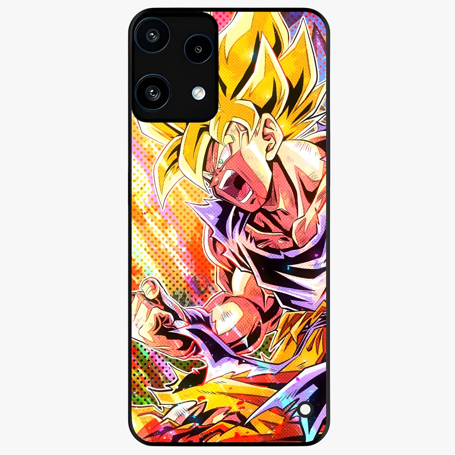 Firing Goku Glass Case showing flat back view with powerful anime inspired artwork and glossy glass finish.