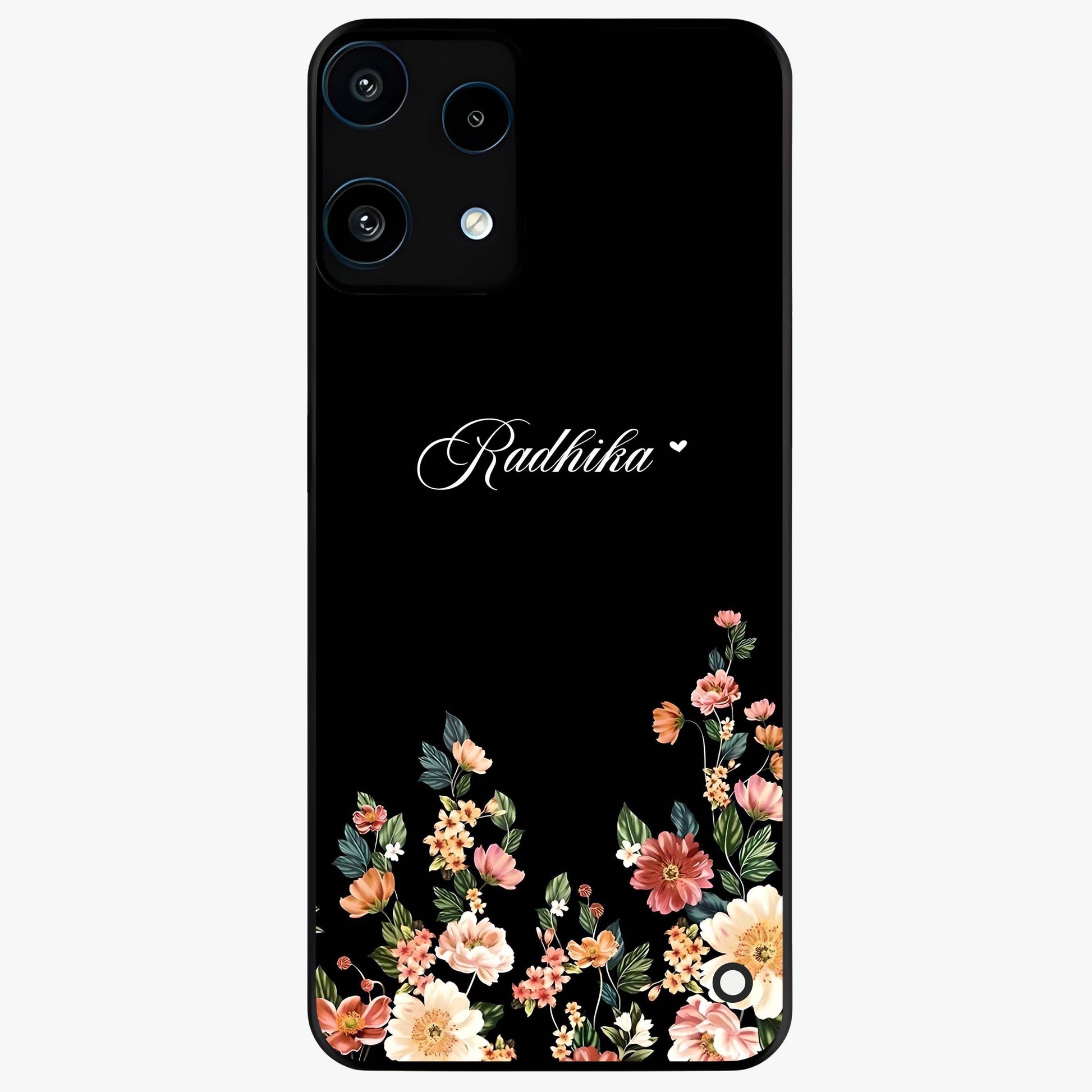 Floral Design With a Custom Personalized Name Glass Case showing flat back view with floral artwork and personalized name design.