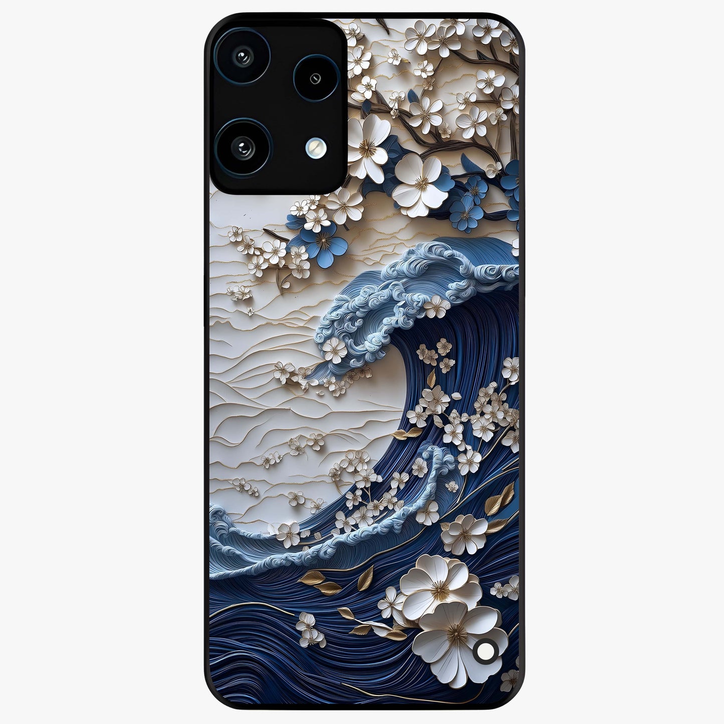 Floral Wave Origami Glass Case showing flat back view with origami inspired floral wave artwork and glossy glass finish.