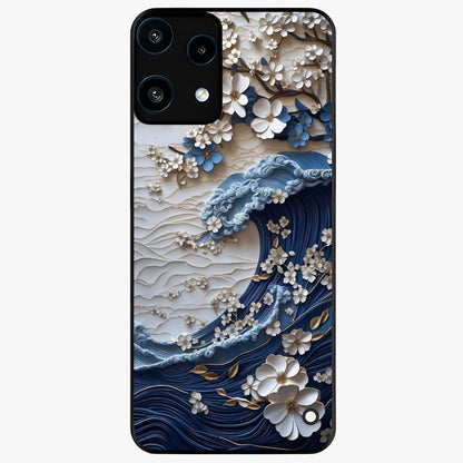 Floral Wave Origami Glass Case showing flat back view with origami inspired floral wave artwork and glossy glass finish.