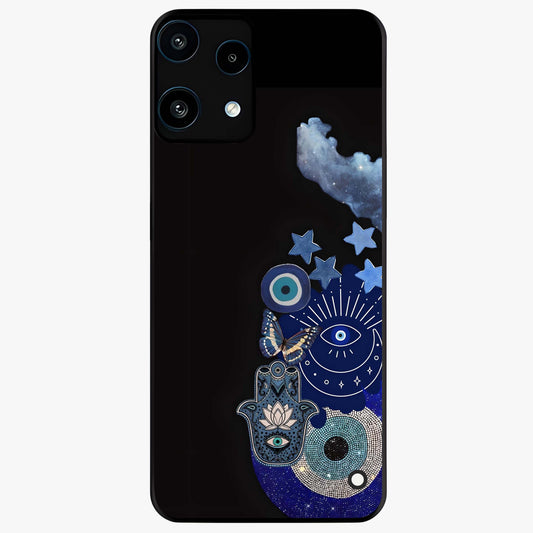 Galactic Charm Cluster Glass Case showing flat back view with glowing celestial charm artwork and glossy glass finish.