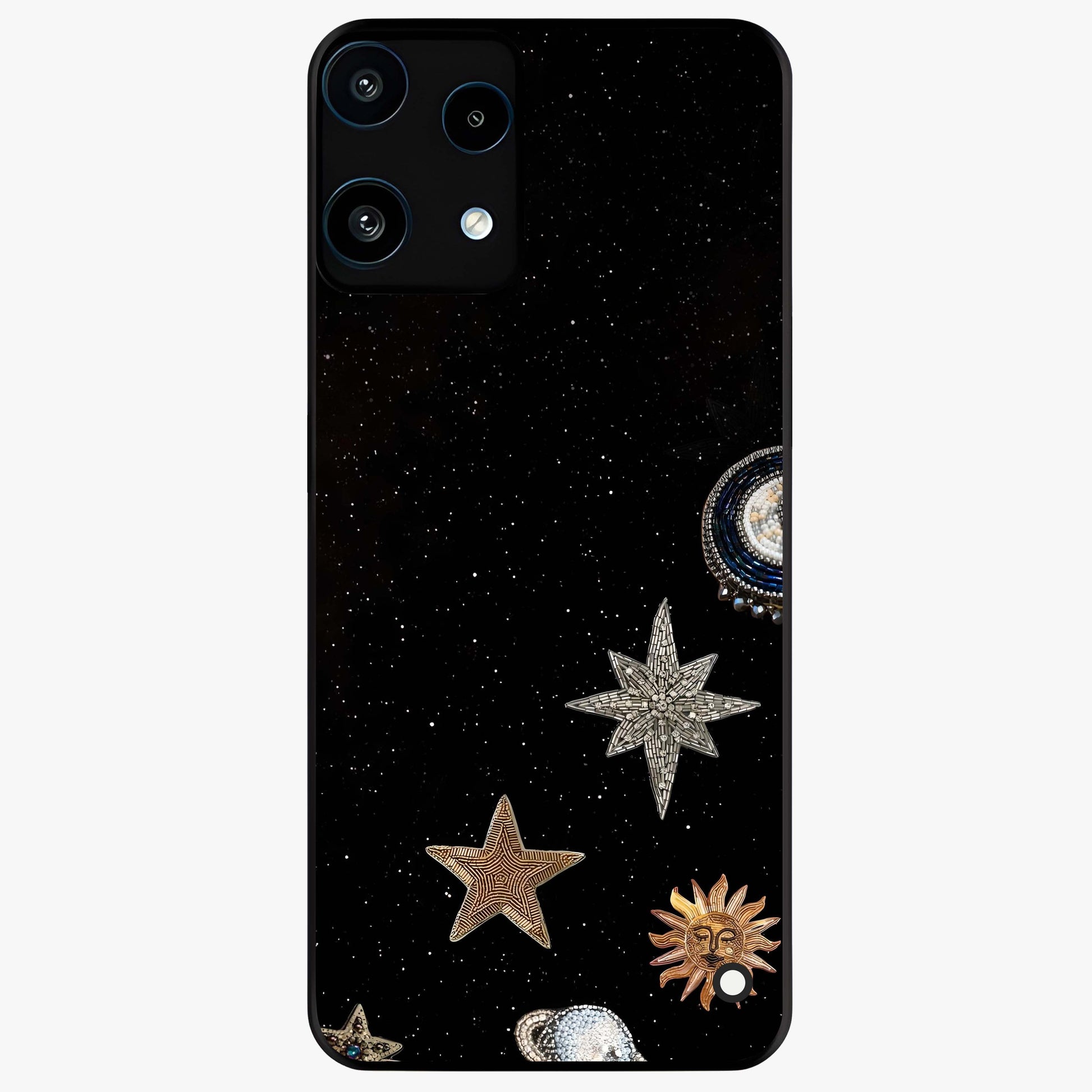 Galactic Charm Glow Glass Case showing flat back view with glowing celestial charm artwork and glossy glass finish.