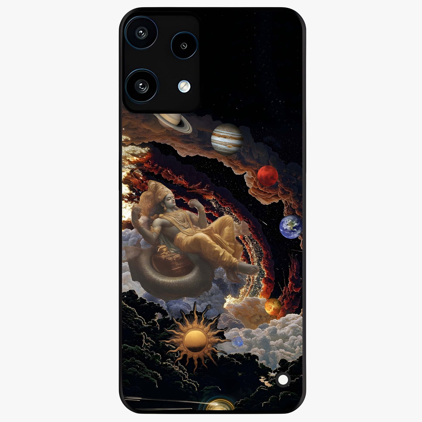 Galactic Divine God Glass Case showing flat back view with divine cosmic themed artwork and glossy glass finish.