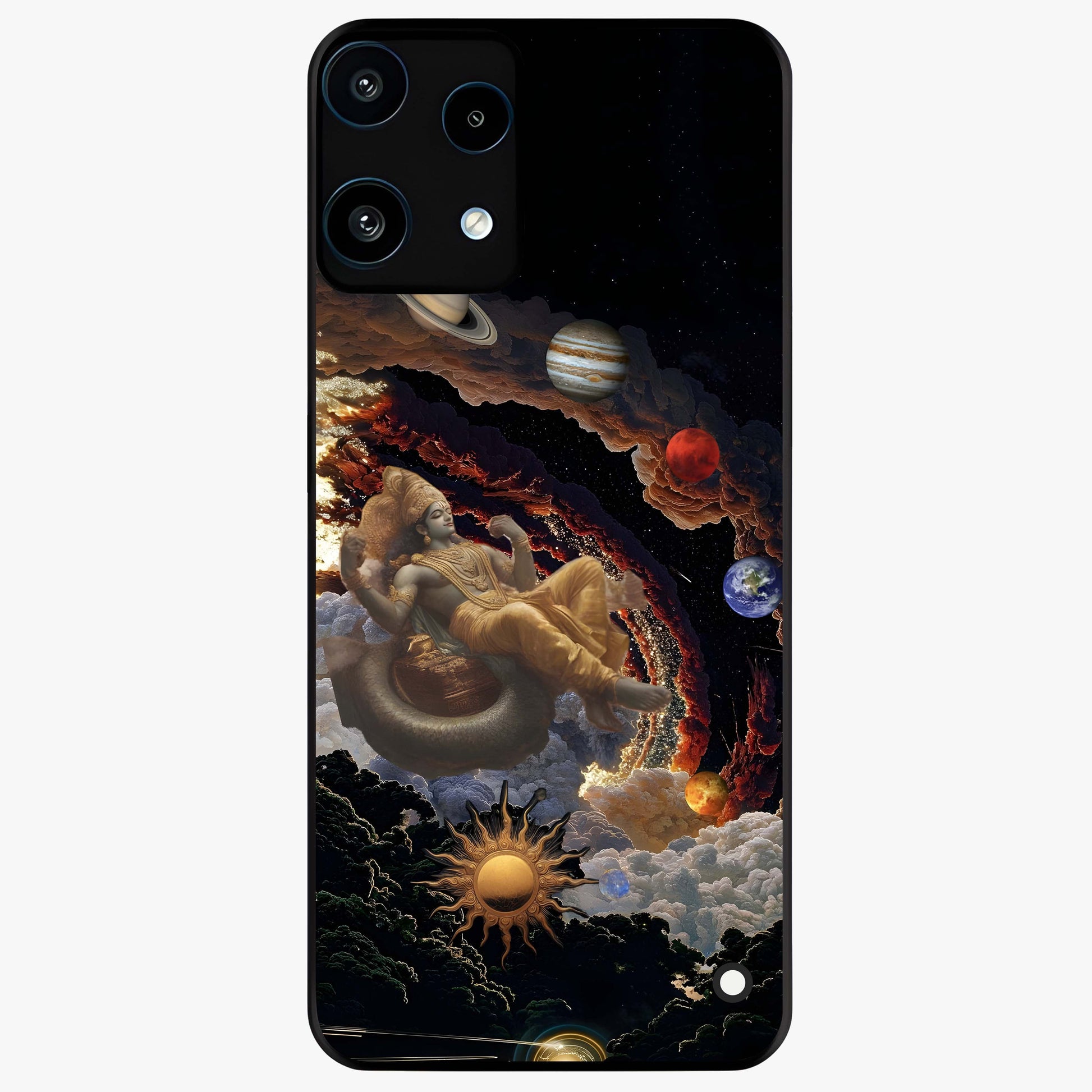 Galactic Divine God Glass Case showing flat back view with divine cosmic themed artwork and glossy glass finish.