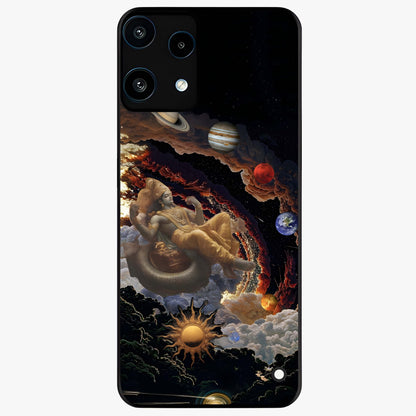 Galactic Divine God Glass Case showing flat back view with divine cosmic themed artwork and glossy glass finish.
