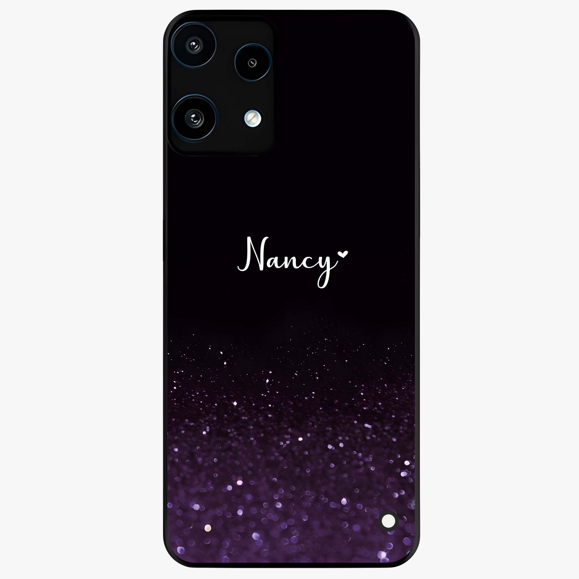 Glittery Purple Bokeh Custom Name Glass Case showing flat back view with purple bokeh sparkle artwork and personalized name design.