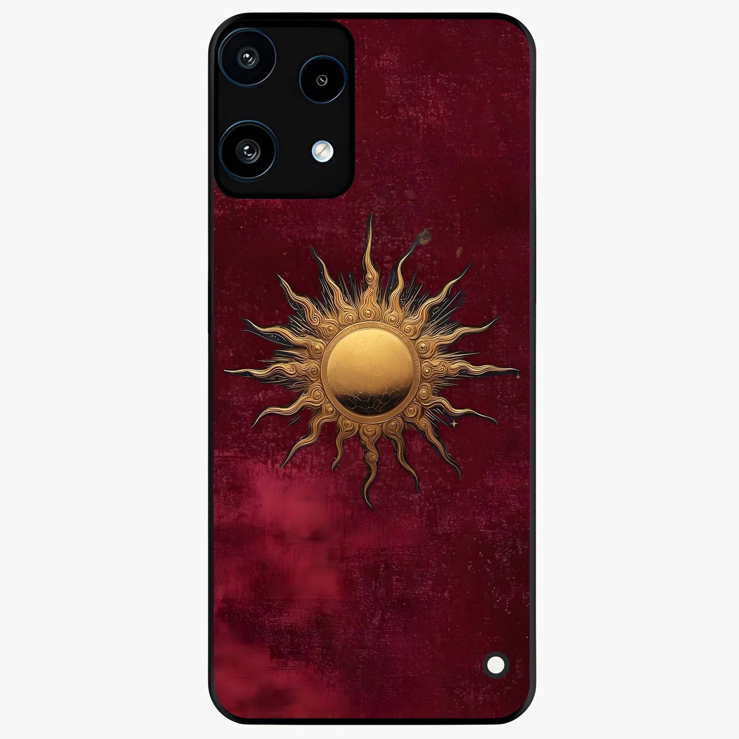 Gold Sun Blush Glass Case showing flat back view with golden sun inspired artwork and glossy glass finish.