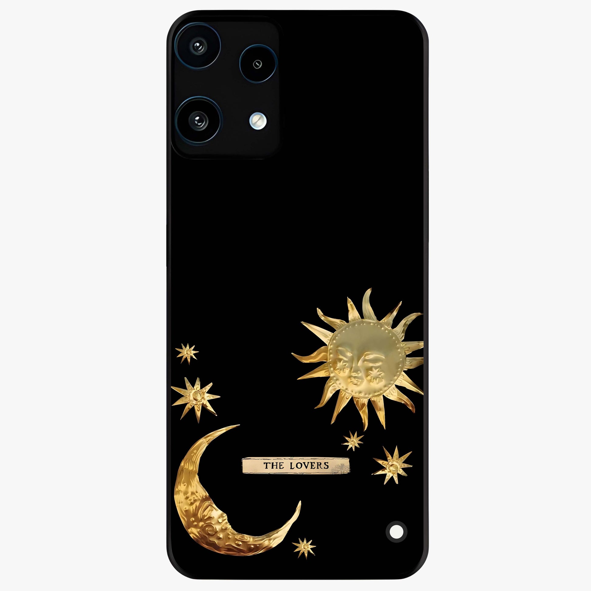 Golden Celestial Charm Glass Case showing flat back view with golden celestial charm artwork and glossy glass finish.