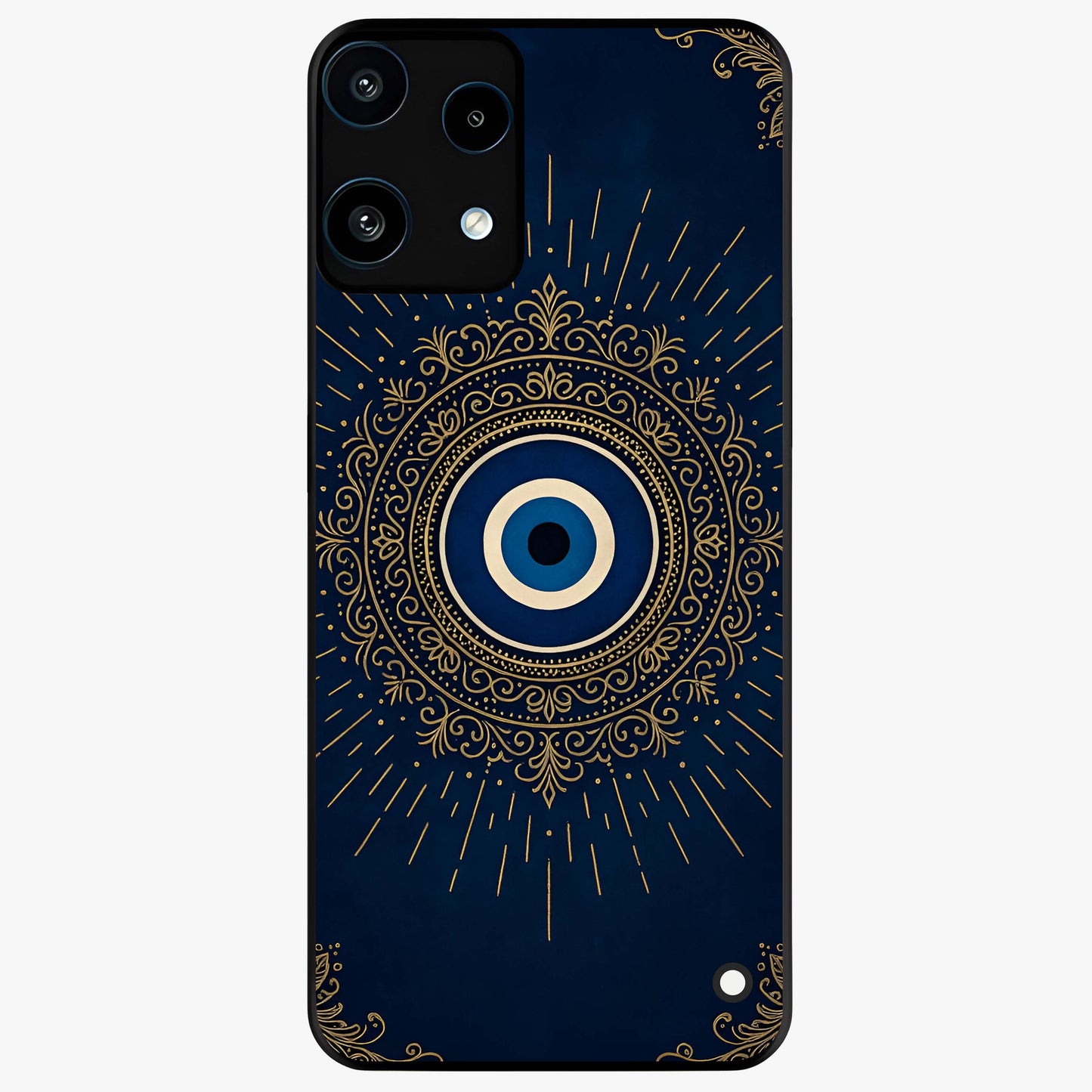 Golden Evil Eye Mandala Glass Case showing flat back view with intricate evil eye mandala artwork and glossy glass finish.