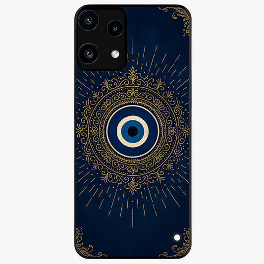Golden Evil Eye Mandala Glass Case showing flat back view with intricate evil eye mandala artwork and glossy glass finish.