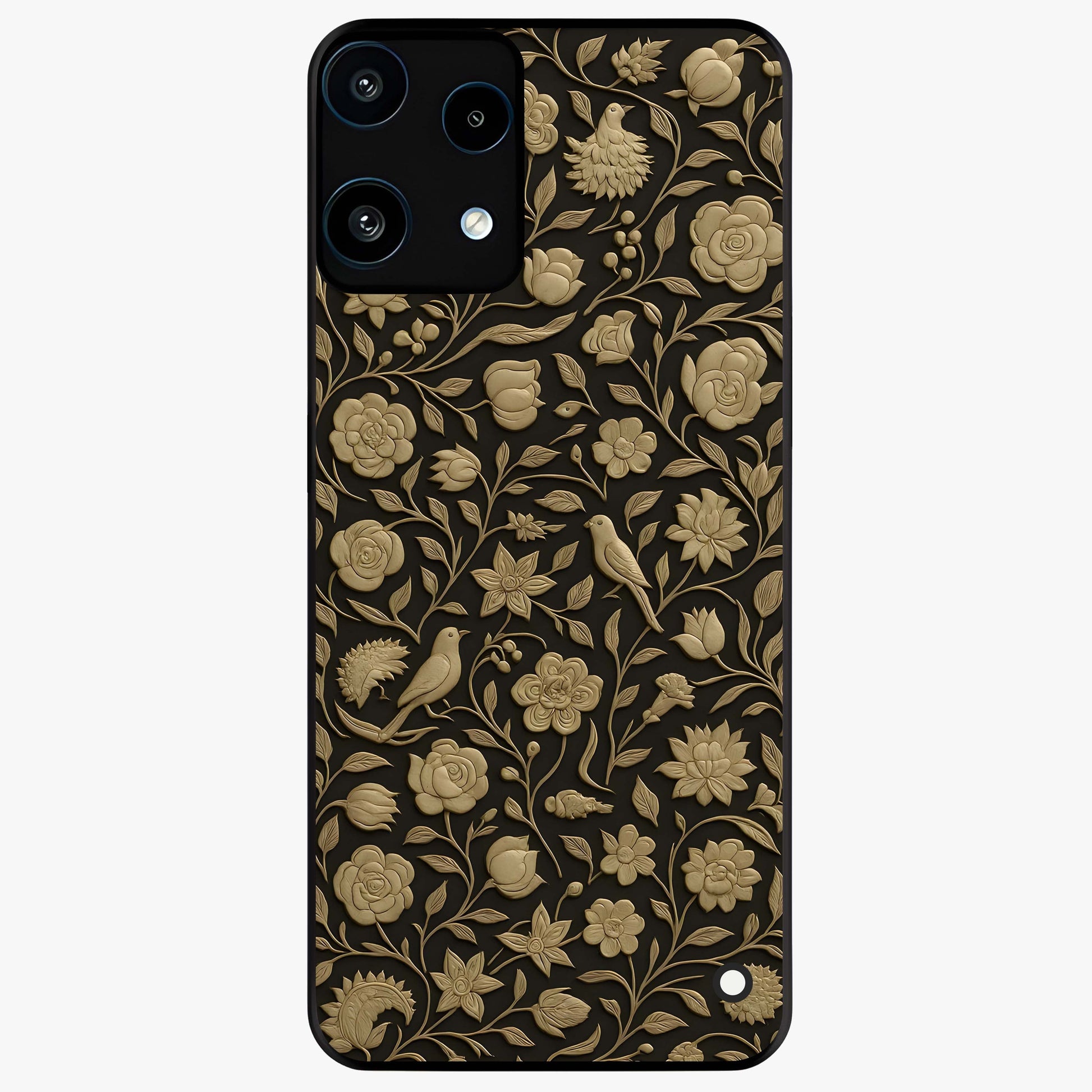 Golden Floral Majesty Glass Case showing flat back view with luxurious golden floral artwork and glossy glass finish.