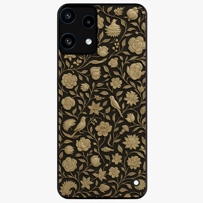 Golden Floral Majesty Glass Case showing flat back view with luxurious golden floral artwork and glossy glass finish.