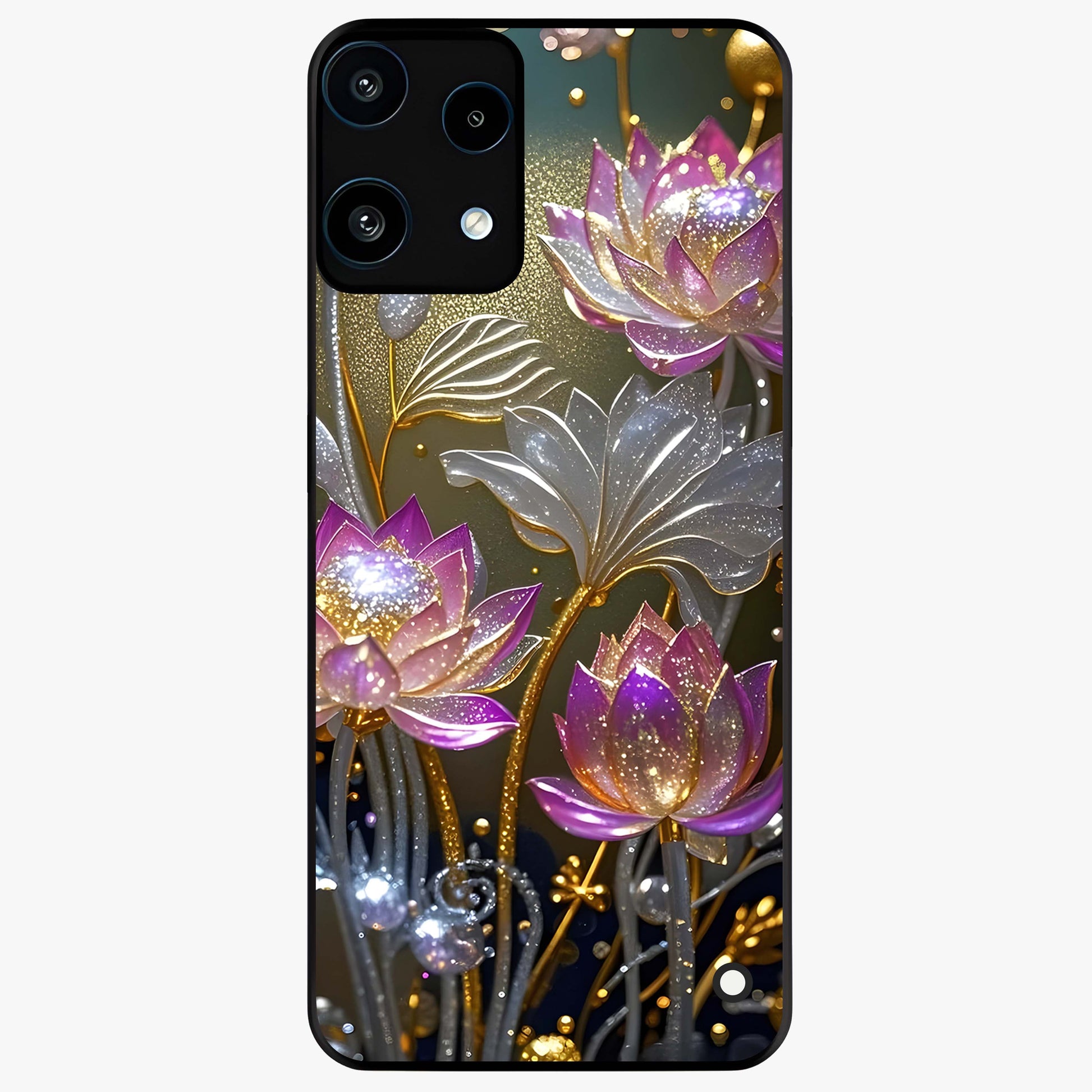 Golden Lotus Glow Glass Case showing flat back view with glowing lotus flower artwork and glossy glass finish.