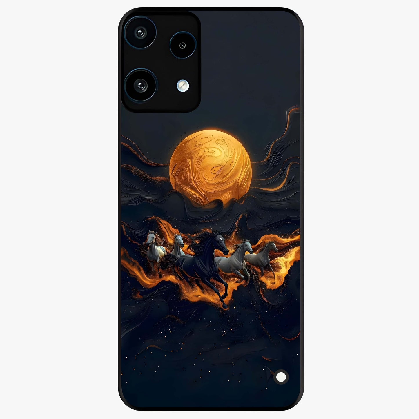 Golden Stallion Moonride Glass Case showing flat back view with majestic horse under moonlight artwork and glossy glass finish.