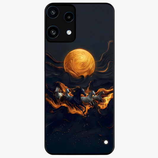 Golden Stallion Moonride Glass Case showing flat back view with majestic horse under moonlight artwork and glossy glass finish.