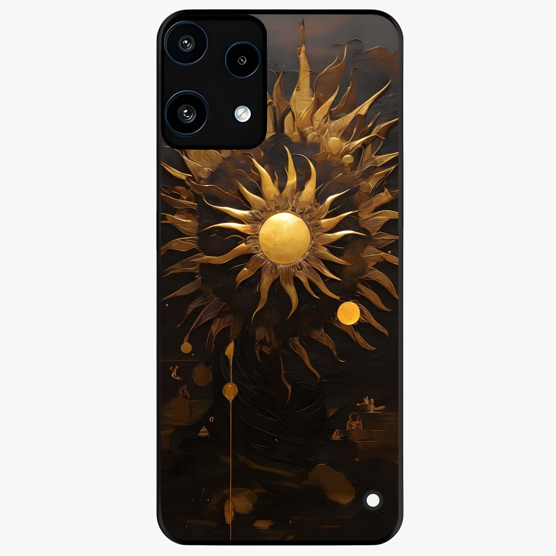 Golden Sun Majesty Glass Case showing flat back view with radiant golden sun artwork and glossy glass finish.