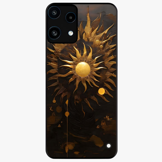 Golden Sun Majesty Glass Case showing flat back view with radiant golden sun artwork and glossy glass finish.