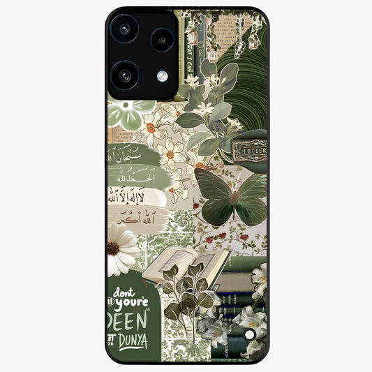 Green Islamic Books Quotes Glass Case showing flat back view with Islamic quotes and book themed artwork and glossy glass finish.