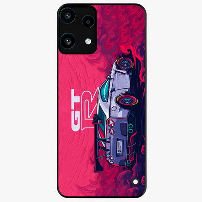 GT-R Car Pattern Glass Case showing flat back view with sporty car inspired pattern artwork and glossy glass finish.